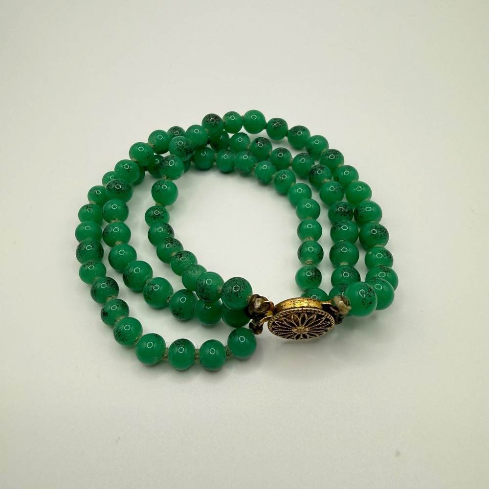 Vintage Triple Strand Green Speckled Bead Bracelet Sterling Silver Clasp